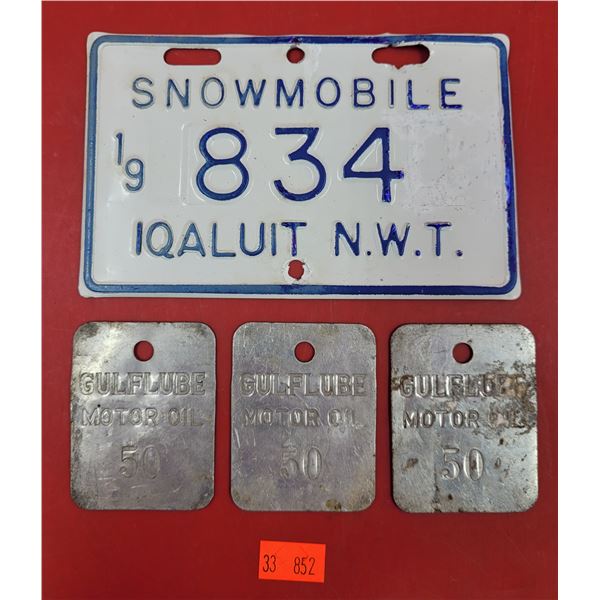 3 VTG Gulf Motor Oil Tags & Northwest Territories Snowmobile License Plate