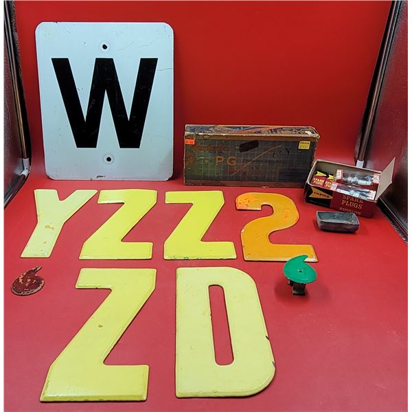 Lot of NOS Brake Pads, Metal Letters/Numbers, Spark Plugs, & "W" Sign