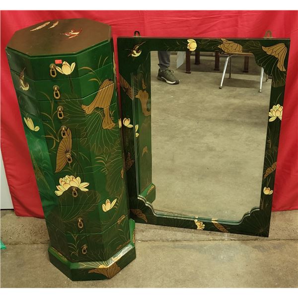 VTG Asian Lacquered Jewelry/Lingerie Chest & Matching Wall Mirror