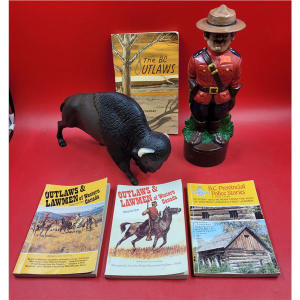 Western Canada & RCMP Lot w/ Outlaws Books, Police Stories, Bison Figure, & RCMP Figure
