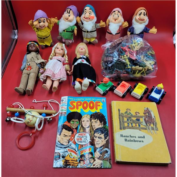 Lot of VTG Toys w/ Snow White Dwarf Plushes, Dolls, Ranches & Rainbows Book, & More