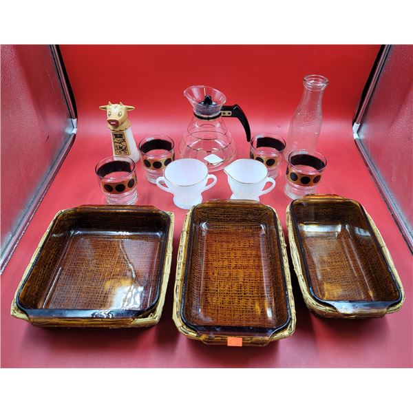 VTG Kitchen Lot w/ Anchor Hocking Fire King Amber Glass Baking Dishes