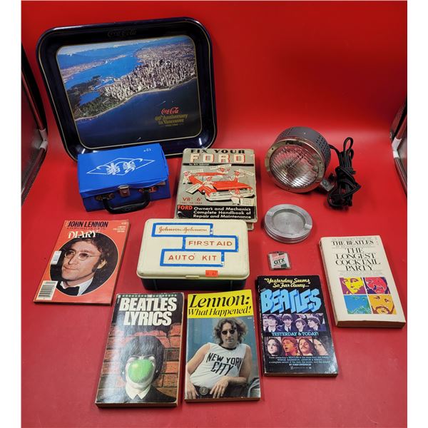 VTG Collectibles Lot w/ Ford Handbook, Coca-Cola Serving Tray, Johnson-Johnson First-Aid Kit, & More