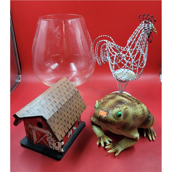 Lot of Home & Garden Decor w/ Metal Chicken, Barn Birdhouse, Frog, & More