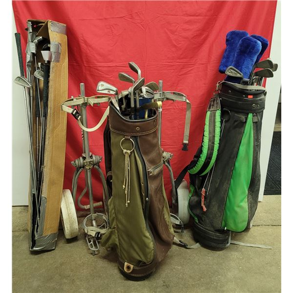 Golf Lot w/ 2 Golf Bags, Assorted Clubs, 2 Push/Pull Carts, & Club Covers