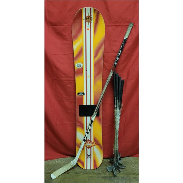 Sporting Good Lot w/ Assorted Golf Clubs, Hockey Stick, & Snowboard