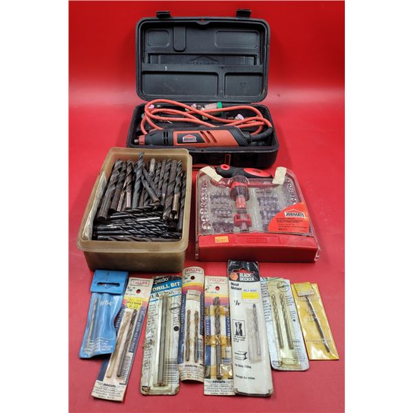 Assorted Tool Lot w/ Jobmate Rotary Tool, Ratcheting T-Driver Set, & Assorted Drill Bits