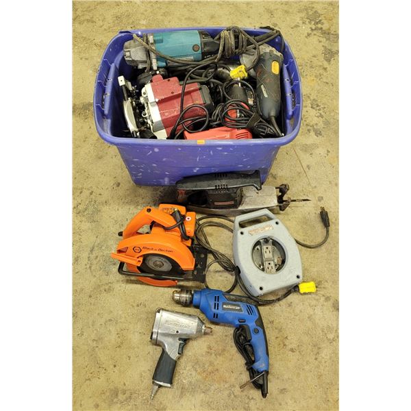 Assorted Power Tool Lot w/ Circular Saw, Pneumatic Impact Wrench, Drill, & More