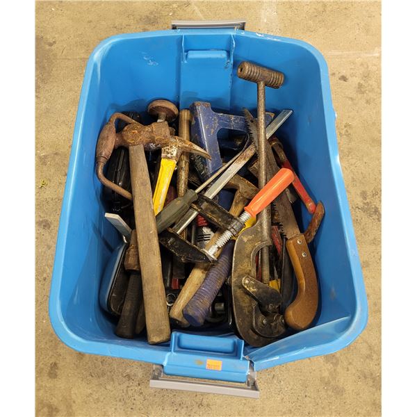 Bin of Assorted Tools w/ Clamp, Ball Peen Hammer, Saw, & More