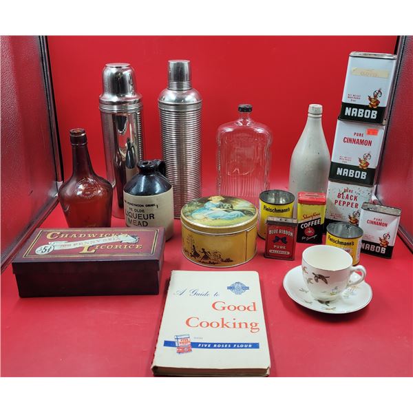 VTG Kitchen Lot w/ Nabob Tins, Cookbook, Stoneware Jug, Licorice Box, & More
