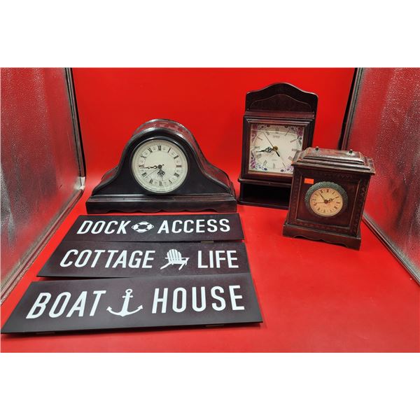 3 VTG Mantle Clocks & Home Signs