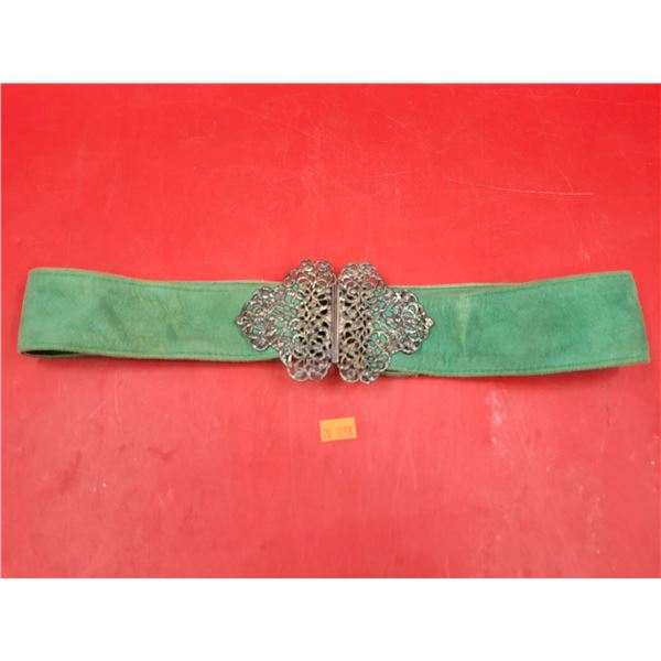 VTG Sterling Silver Nurses Belt Buckle w/ Green Belt