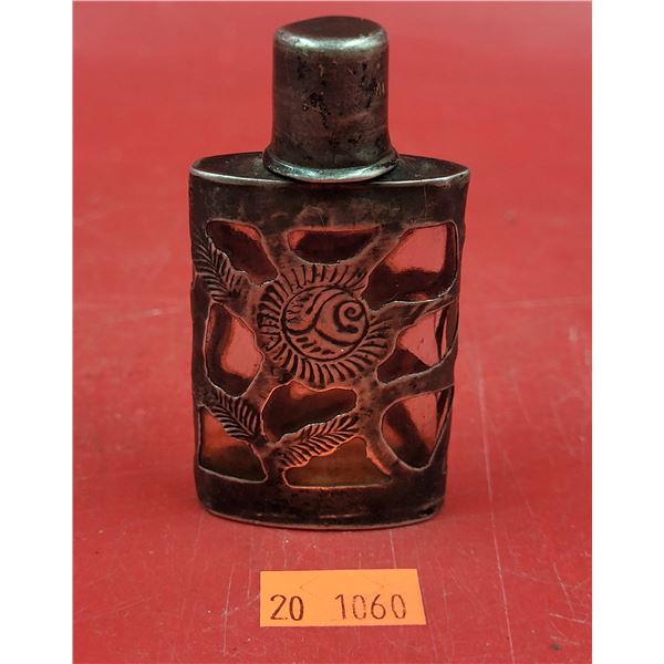Mexican Silver Overlay Glass Bottle