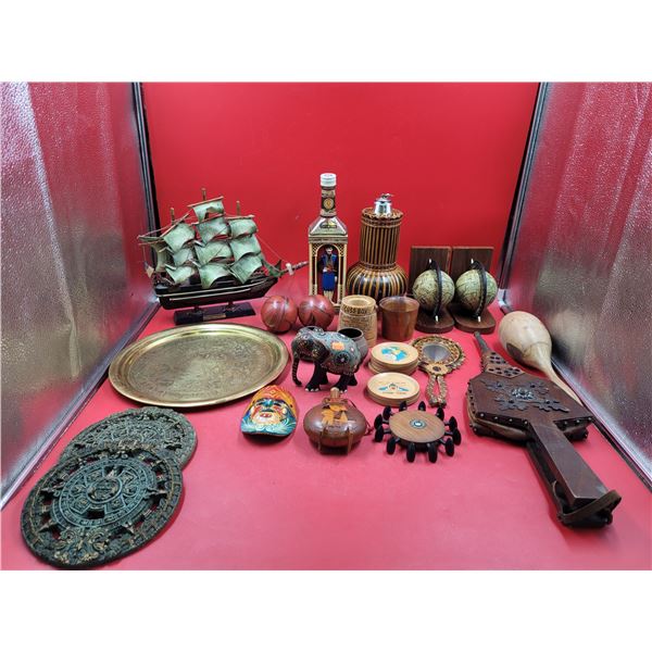 VTG Collectibles Lot w/ Fireplace Bellow, Globe Bookends, Ship Decor, Mayan Calendar Plates, & More