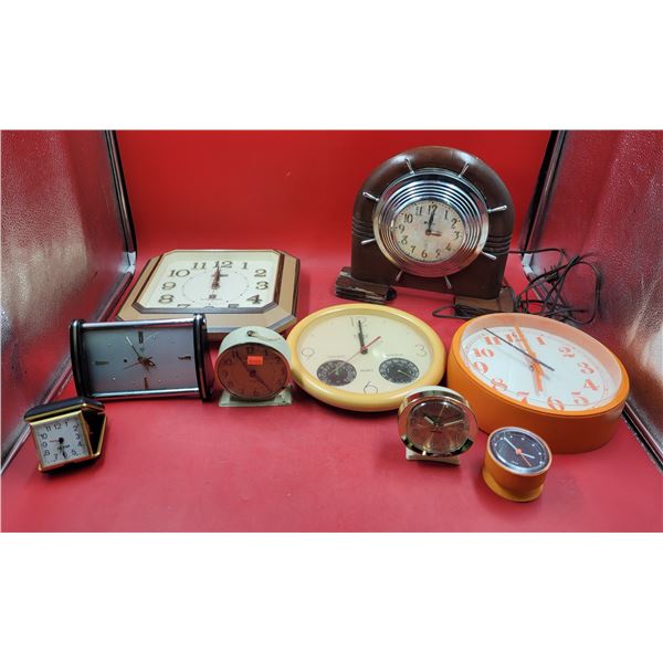 Clock Lot w/ Travel Clock, Wall Clocks, & Mantle Clocks