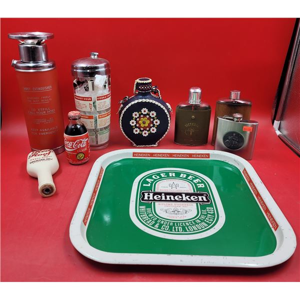 Lot Of Canteens, Water Bottles, Beer Tap, Coca-Cola Bottle & Heineken Tray