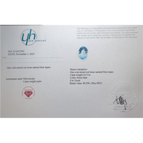 $9,550 Appraisal - 34.21 ct Cert. Royal Blue Topaz gemstone