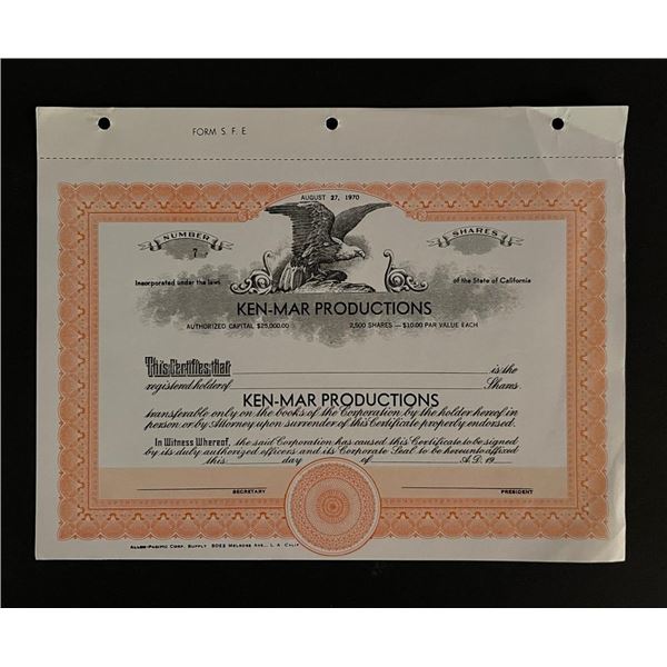1970 Ken Mar Productions Blank Shares Certifiicate