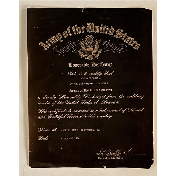 1946 Army Honorable Discharge Certificate for Joseph F Quillan