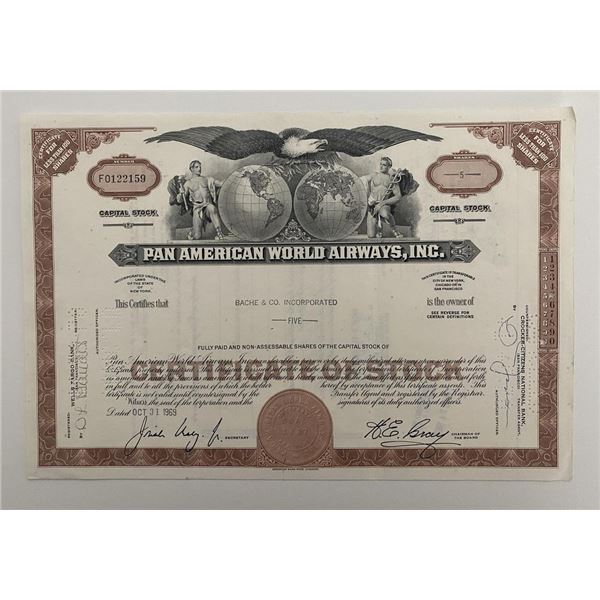 Pan American World Airways, INC Five Shares Certificate of Stock