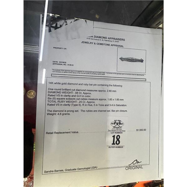 14K WG Diamond/Ruby Bar Pin w/One Round Cut Diamond and 6 Square Scissor