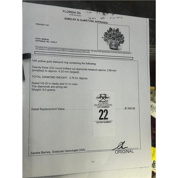 14K YG Diamond Ring w/23 Round Cut Diamond Prong Set 9.0G - Replacement