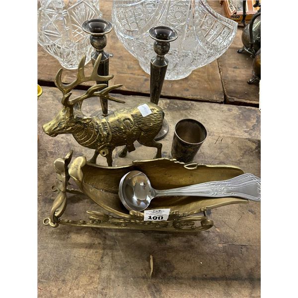 Cast Brass Sleigh w/Reindeer Candlesticks, Goblet, Ladles