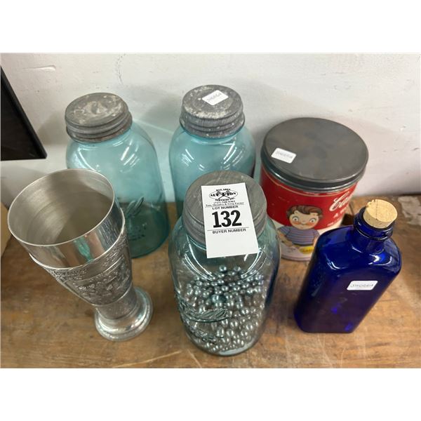 Ball Mason Jars w/Steel Marbles, Ornate Goblets, Campbell Soup Tin