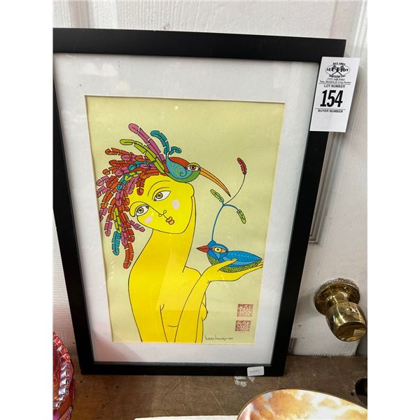 Framed Abstract Wall Art Woman w/Birds - Signed/Numbered - 12"  X  18"