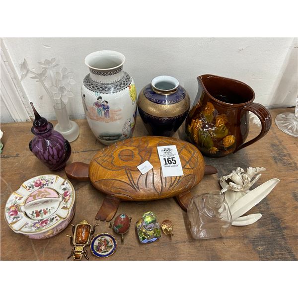 Carved Wooden Turtle w/Asst. Vases/Pitcher, Lenox Flower, Art Glass Rocks Miniatures