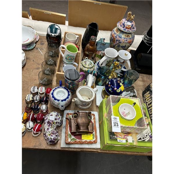 Floral Lidded Urn, Red Skins Souvenir Glasses, Mini Helmets, Table Items, Décor