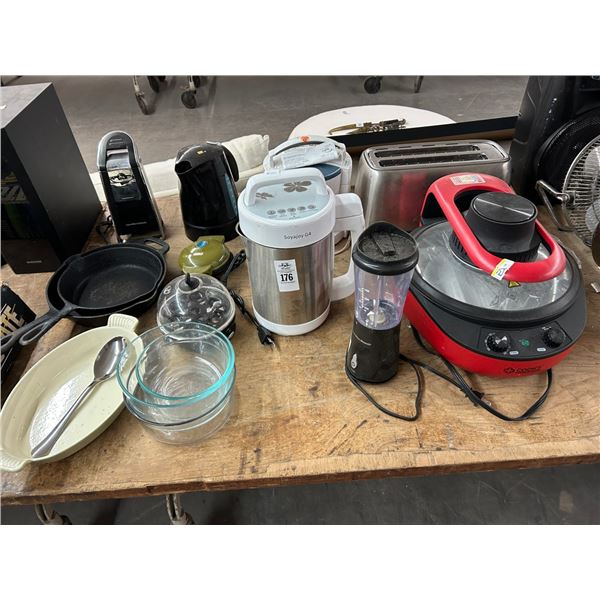 Asst. Appliances w/Cast Iron Pans, Can Opener, Jar Opener, Toaster, Blender, More