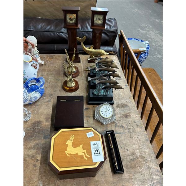 Desk Clock, Writing Pad, Desk Pen, Dolphin/Eagle Statuaries, Miniature Grandfather