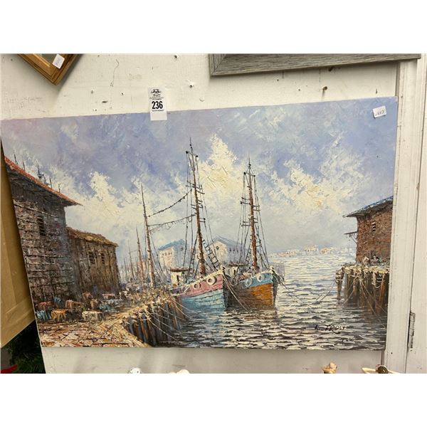 Oil On Canvas Ships In Harbor Scene - Signed Frost - 20"  X  30"