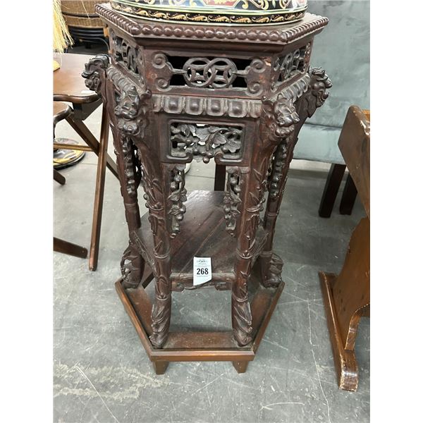 Ornately Carved Mahogany w/Marble Inlay Gargoyle Trim Pedestal