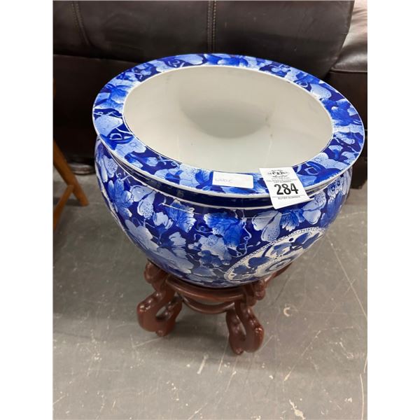 Blue Painted Oriental Fish Bowl w/Cherry Stand