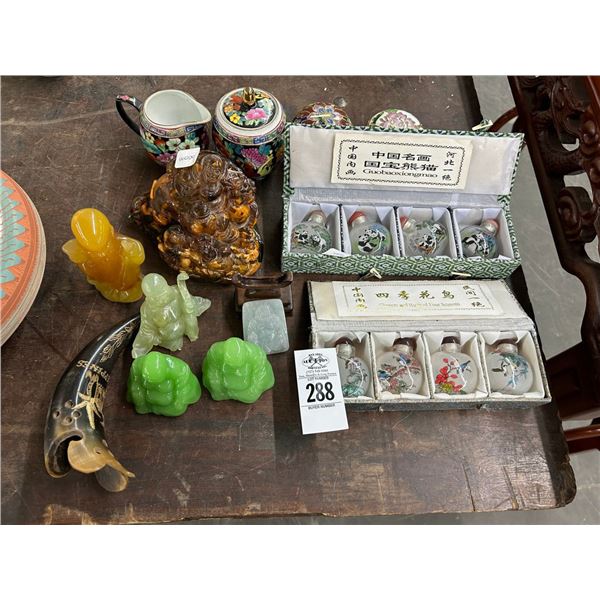 Asst. Carved Figurines w/Jade, Panda, Bird Painted Bottles, Spheres, Décor