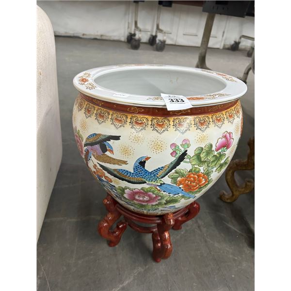 Bird Motif Oriental Fish Bowl Vase w/Cherry Stand
