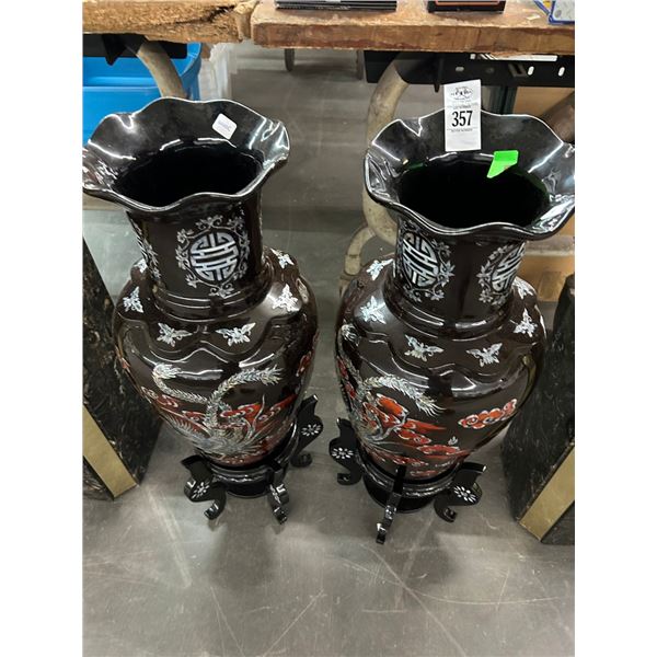 Black Oriental Peacock Motif Vases w/Stand - Pair