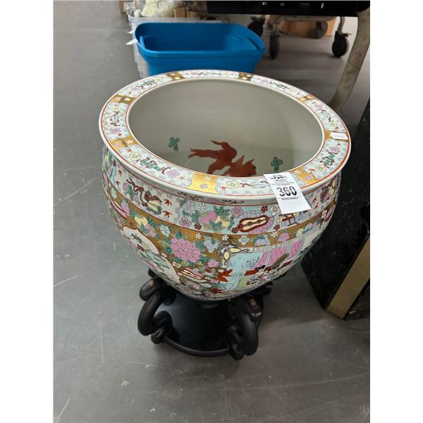 Oriental Fish Bowl Vase w/Mahogany Stand