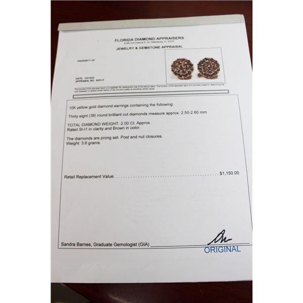 10K YG Diamond Earrings w/38 Round Cut Diamonds, Brown in Color Prong Set 3.6G