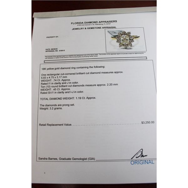 18K YG Diamond Ring w/One Rectangular Cur Cornered Cut Diamond w/10 Round Cut