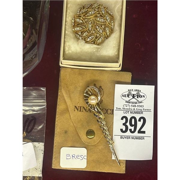 Pearl Sea Shell Pin, Ornate Diamond Trim Broach