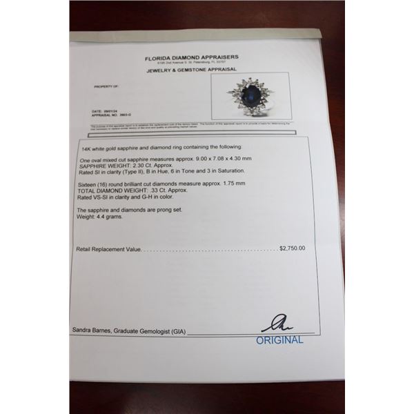 14K WG Sapphire/Diamond Ring w/One Oval Mixed Cut Sapphire and 16 Round