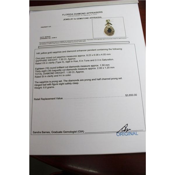 14K YG Sapphire/Diamond Enhancer Pendant w/One Pear Mixed Cut Sapphire