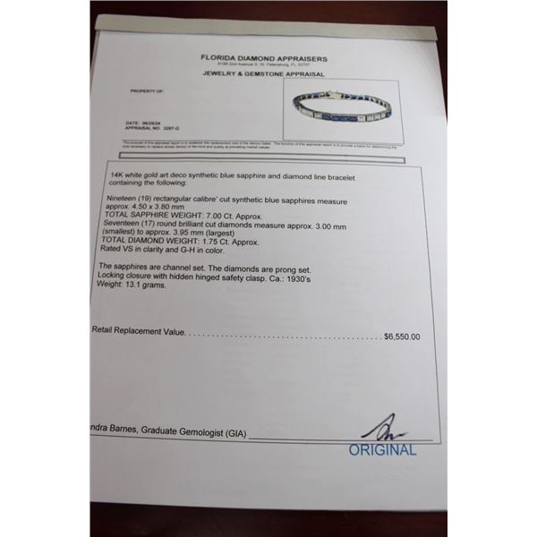 14K WG Art Deco Synthetic Blue Sapphire/Diamond Bracelet w/19 Rectangular