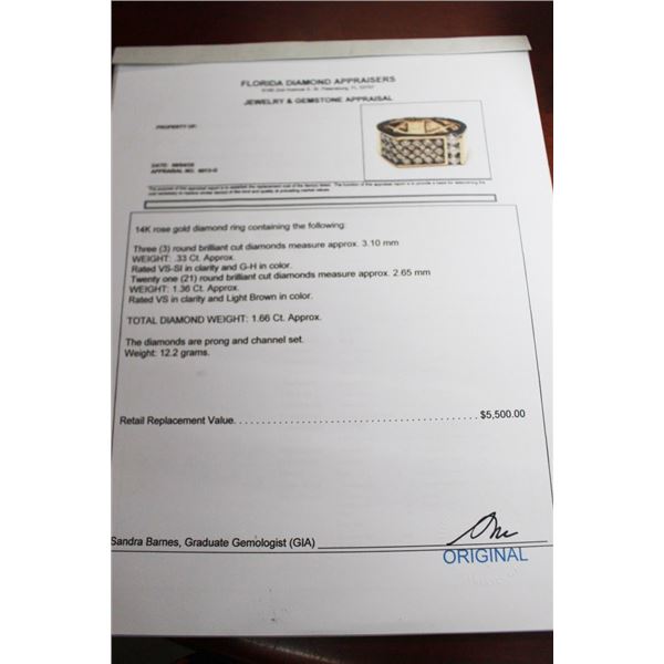 14K Rose Gold Ring w/3 Round Cut Diamonds and 21 Cut Diamonds Prong/Channel