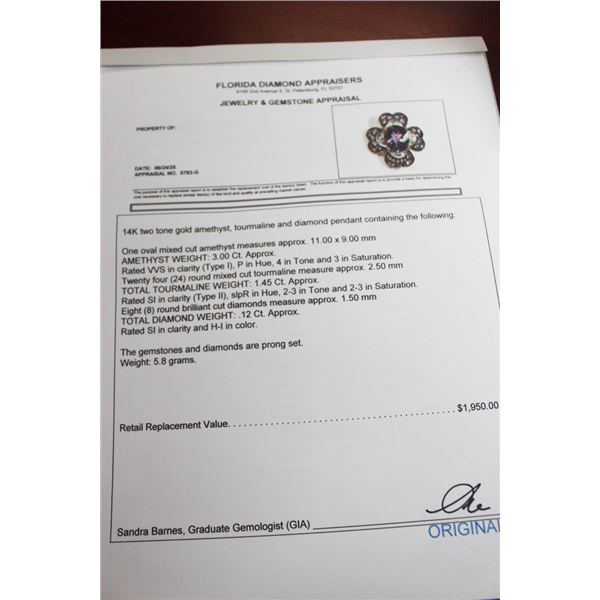 14K Two Tone Gold Amethyst, Tournaline/Diamond Pendant w/One Oval Mixed