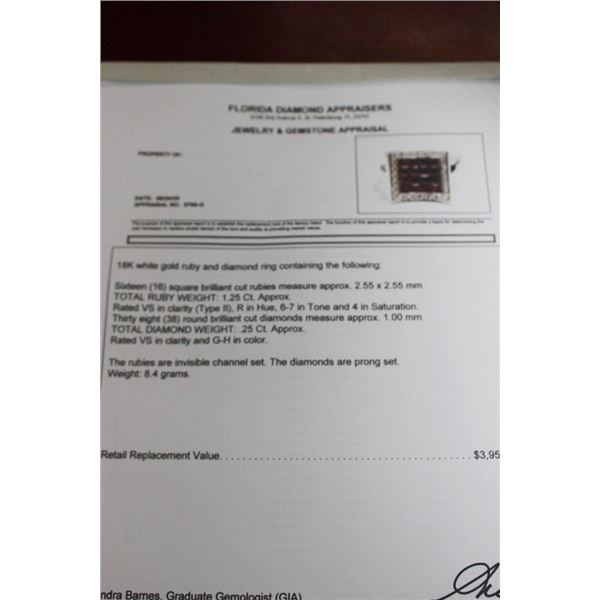 18K WG Ruby/Diamond Ring w/16 Square Cut Rubies and 38 Round Cut Diamonds