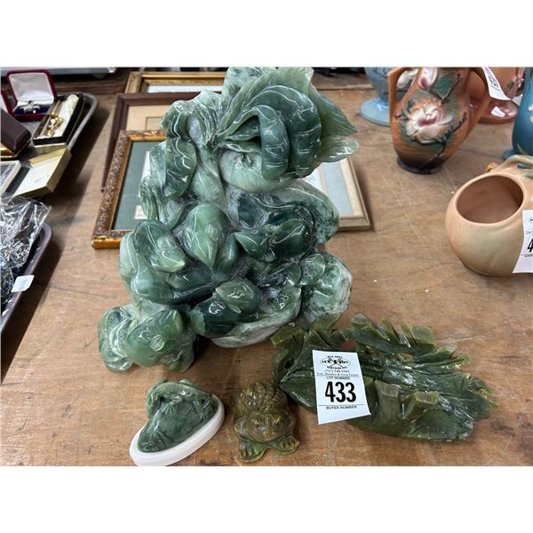 Jade Carved Lizard, Frog, Napkin Holder, Tree w/Mice
